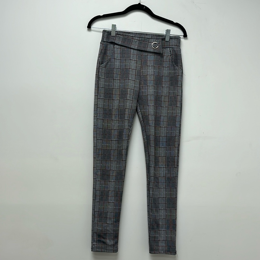 Black, grey and white checkered stretch fitted trousers for women size s/m